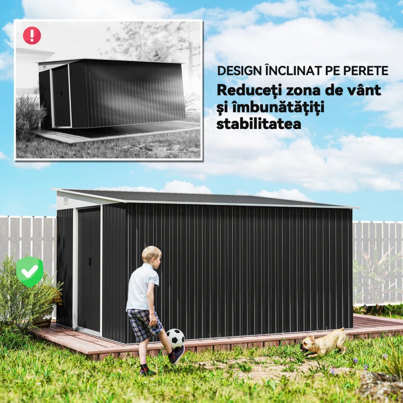 Magazie de Gradina Outsunny cu Usa Glisanta si Orificii de Aerisire, din Otel Galvanizat, 345x280.5x169-201 cm, Negru