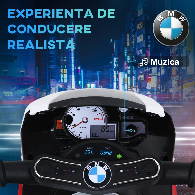 HOMCOM Motoreta Electrica pentru Copii BMW S1000RR Originala, 3 Roti cu Lumini si Sunete Reale, Rosu