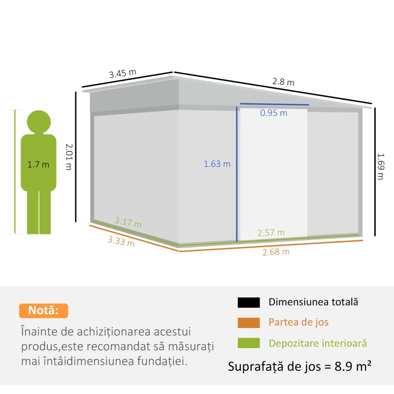 Magazie de Gradina Outsunny cu Usa Glisanta si Orificii de Aerisire, din Otel Galvanizat, 345x280.5x169-201 cm, Negru