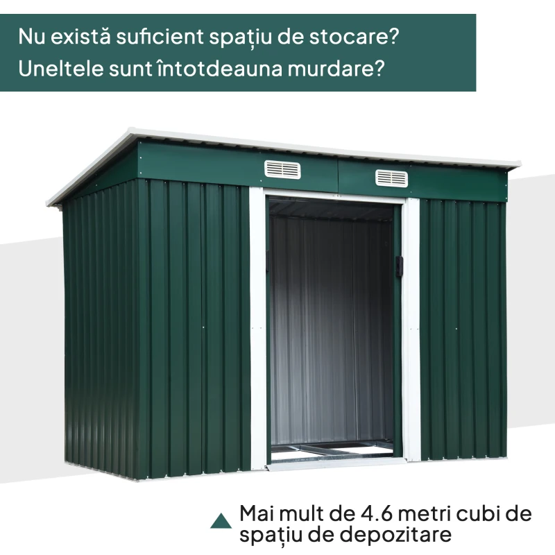 Outsunny Casuta pentru Gradina din Otel cu 2 Usi Glisante, 255x131x160-182 cm, Verde(m-4)