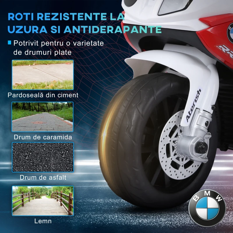 HOMCOM Motoreta Electrica pentru Copii BMW S1000RR Originala, 3 Roti cu Lumini si Sunete Reale, Rosu