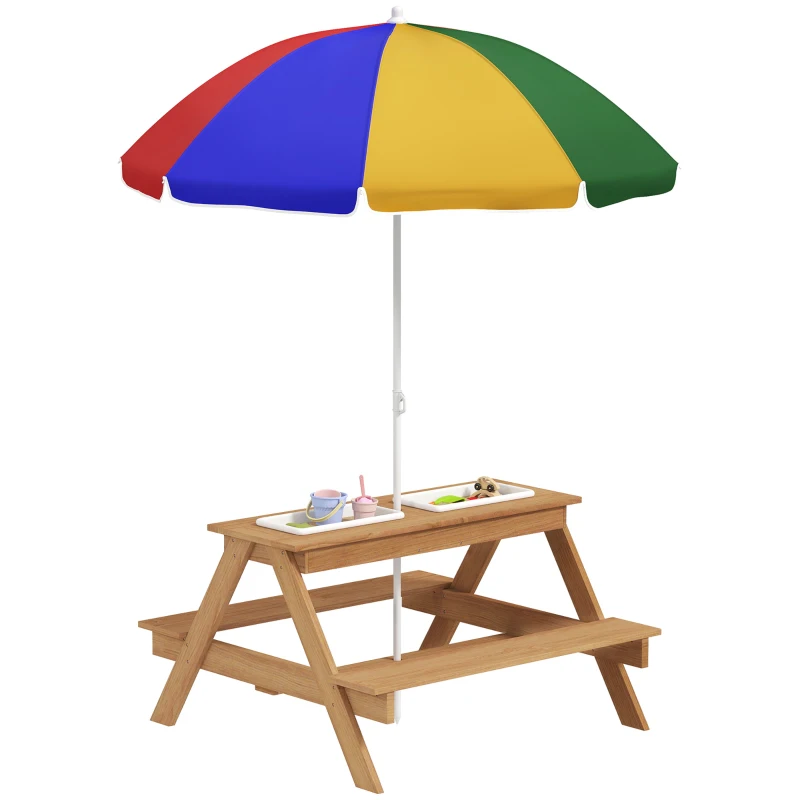 AIYAPLAY Kids Picnic Table, Sand and Water Table with Wooden Benches, Adjustable Parasol and Storage Bins, Multicolour