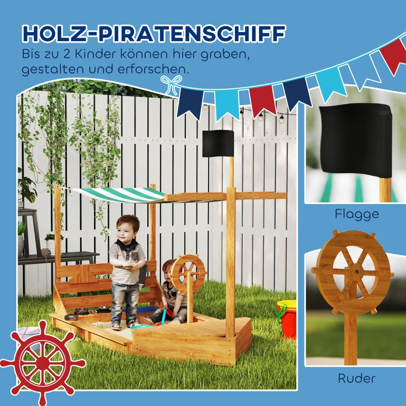 Outsunny Piaskownica z osłoną przeciwsłoneczną Piracki Statek, w zestawie zestaw kuchenny dla dzieci, Drewno Jodłowe, 180 x 103 x 144,5 cm, Pomarańczowy