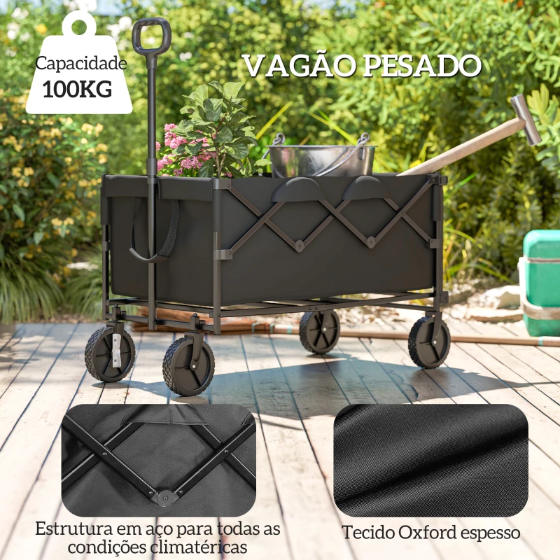 Outsunny Carrinho de Transporte Carrinho de Jardim Dobrável com Guiador Telescópico Ajustável Porta Traseira Expandível 95x55x102 cm Preto