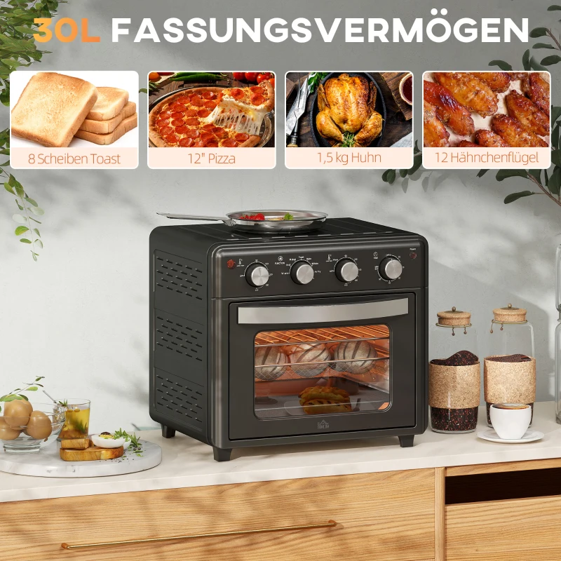 HOMCOM Minibackofen, Heißluftfritteuse, 90-230° C, 7 Programme, Zubehör, Schwarz(m-4)