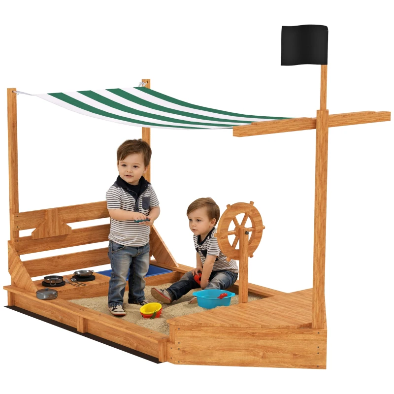 Outsunny Piaskownica z osłoną przeciwsłoneczną Piracki Statek, w zestawie zestaw kuchenny dla dzieci, Drewno Jodłowe, 180 x 103 x 144,5 cm, Pomarańczowy