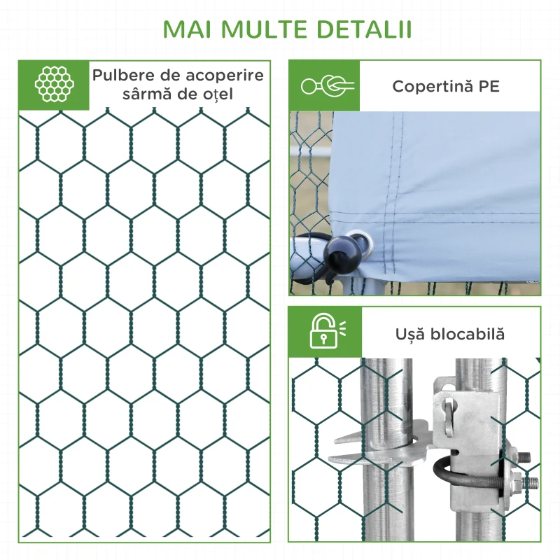 PawHut Coteț de Găini cu Cadru Zincat și Plasă Hexagonală, Țarc cu Acoperiș Impermeabil pentru Găini, Rațe și Iepuri, 3x8x2 m(m-7)