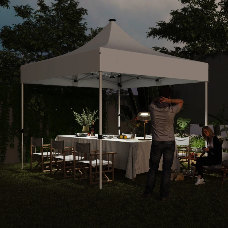 Outsunny Gazebo da Giardino Pop Up 3x3 m ad Altezza Regolabile con Luci LED Solari, in Tessuto Oxford e Metallo, Bianco