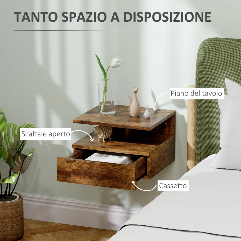 HOMCOM Set da 2 Comodini Sospesi per Camera da Letto con Cassetto e Mensola in Legno 35x32x22.5cm, Marrone
