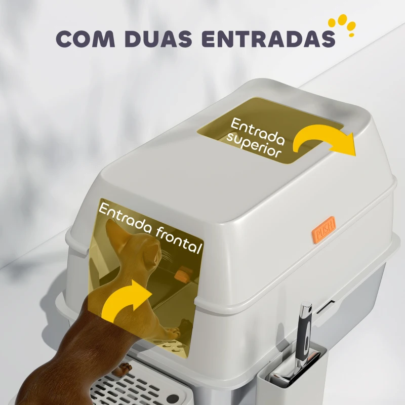 PawHut Caixa de Areia para Gatos Fechada de Aço Inoxidável com Abertura de Saída e Pá 60,2x40,5x40,5 cm Cinza Claro