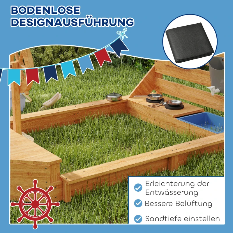 Outsunny Piaskownica z osłoną przeciwsłoneczną Piracki Statek, w zestawie zestaw kuchenny dla dzieci, Drewno Jodłowe, 180 x 103 x 144,5 cm, Pomarańczowy