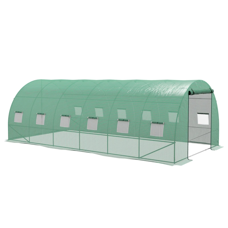 Outsunny Seră Politunel cu Sistem de Stropitoare, Ușă Rulantă și 12 Ferestre cu Plasă, 600x300x195 cm, Verde(m-11)