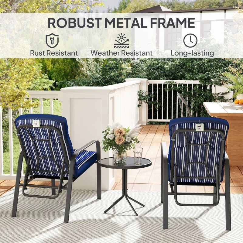 Outsunny 3-Piece Patio Bistro Set, 5-Position Adjustable Recliner Garden Chairs and Tempered Glass Table, Garden Furniture Set with Cushions, High Back, Armrests, Metal Frame for Balcony Patio, Blue