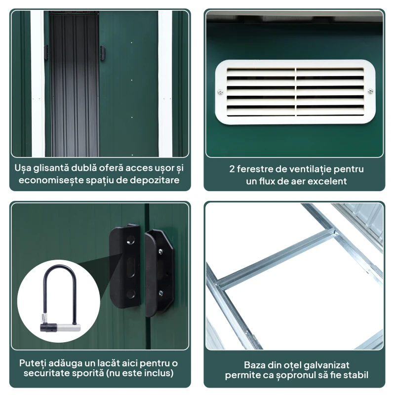 Outsunny Casuta pentru Gradina din Otel cu 2 Usi Glisante, 255x131x160-182 cm, Verde(m-6)