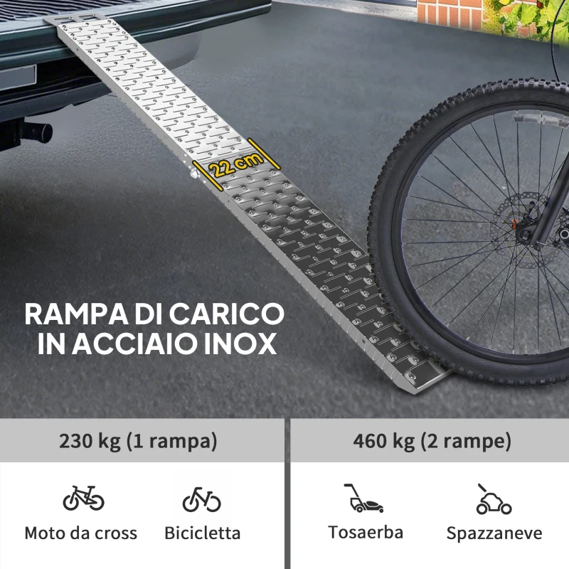 HOMCOM Rampa di Carico Pieghevole e Antiscivolo per Moto con Cinghia di Sicurezza, Acciaio, Argento