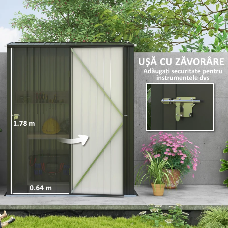 Outsunny Magazie de Gradina Pentru Unelte din Tabla de Otel cu Zavor, 161.5x94.5x196cm, Negru(m-5)
