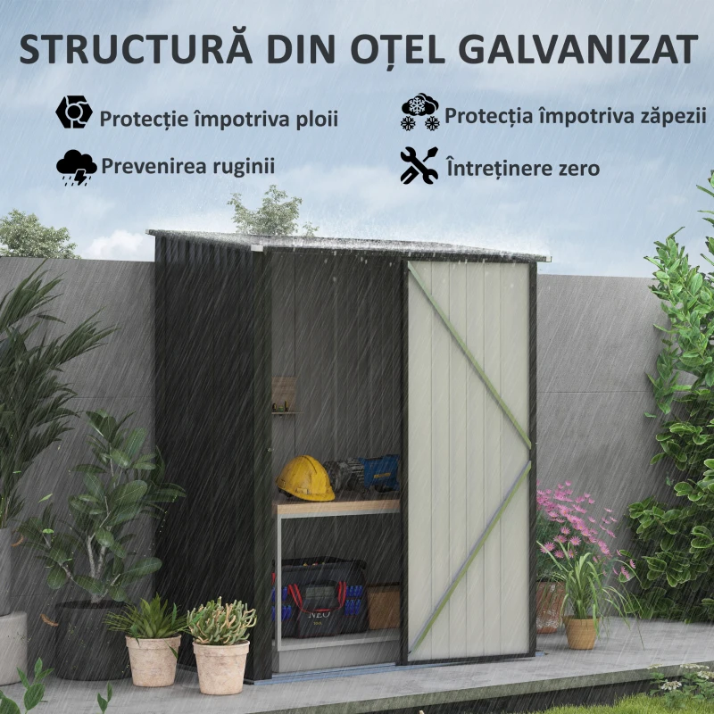 Outsunny Magazie de Gradina Pentru Unelte din Tabla de Otel cu Zavor, 161.5x94.5x196cm, Negru(m-4)