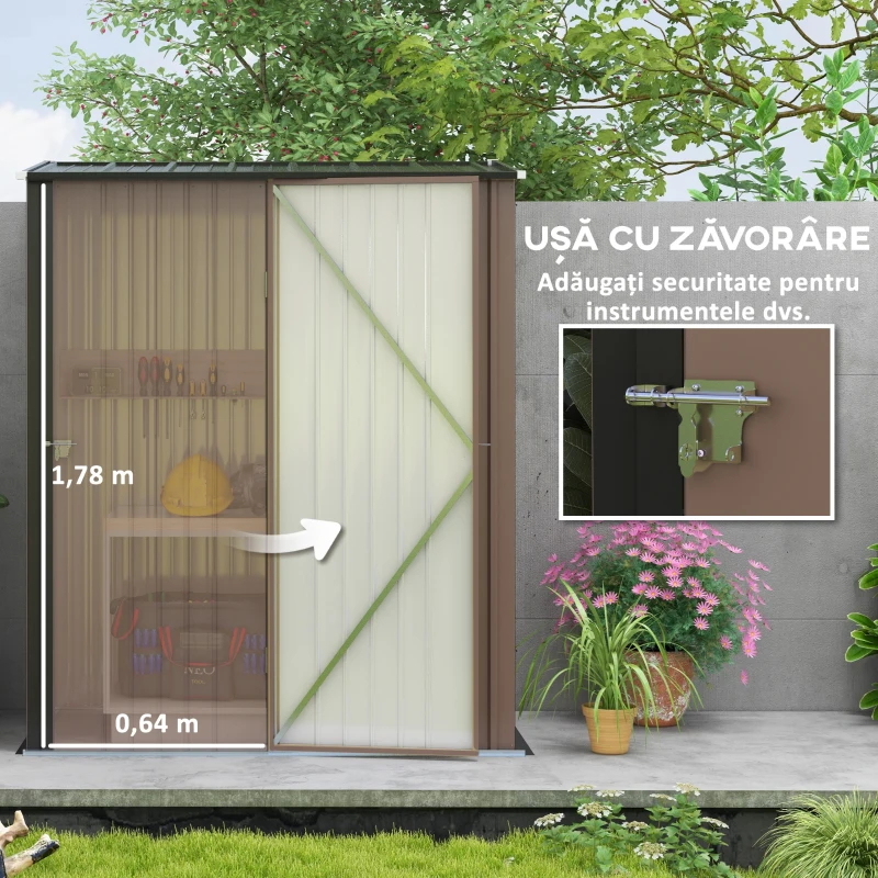 Outsunny Sopron de Gradina din Otel Suport Scule, Magazie pentru Scule cu Zavor, 161.5x94.5x196cm, Maro(m-5)