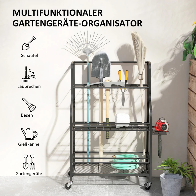 Outsunny Organizer Narzędzi Ogrodowych 3-poziomowy Stojak na Narzędzia Ogrodowe z Hakami do 40 kg 77x40x97cm Czarny