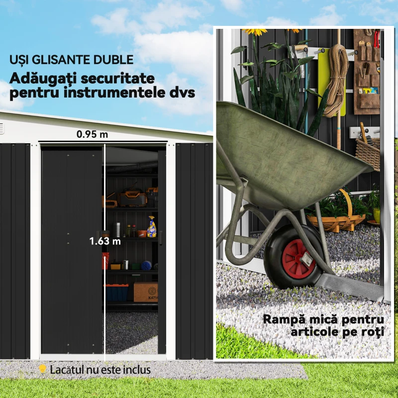 Magazie de Gradina Outsunny cu Usa Glisanta si Orificii de Aerisire, din Otel Galvanizat, 345x280.5x169-201 cm, Negru