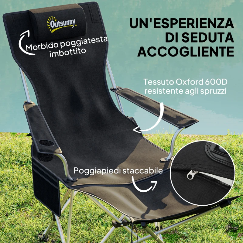 Outsunny Set 2 Sedie da Campeggio Pieghevoli con Poggiapiedi Staccabile e Portabicchieri, 82x50/100x88 cm, Nero