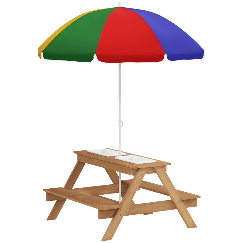 AIYAPLAY Kids Picnic Table, Sand and Water Table with Wooden Benches, Adjustable Parasol and Storage Bins, Multicolour