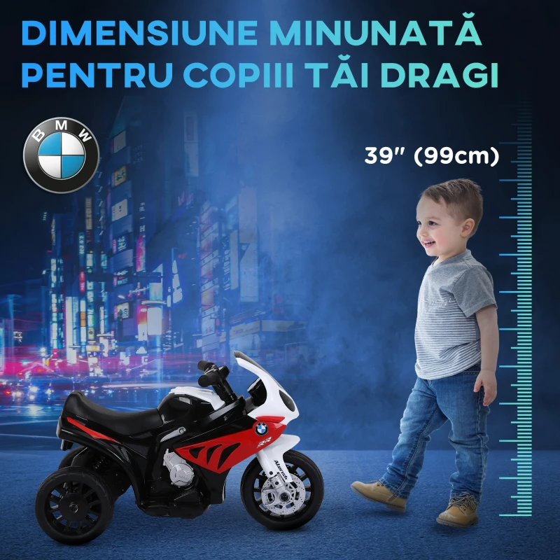 HOMCOM Motoreta Electrica pentru Copii BMW S1000RR Originala, 3 Roti cu Lumini si Sunete Reale, Rosu