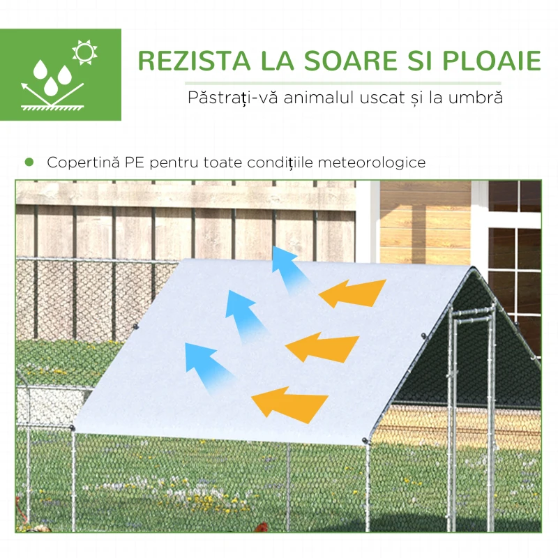 PawHut Coteț de Găini cu Cadru Zincat și Plasă Hexagonală, Țarc cu Acoperiș Impermeabil pentru Găini, Rațe și Iepuri, 3x8x2 m(m-4)