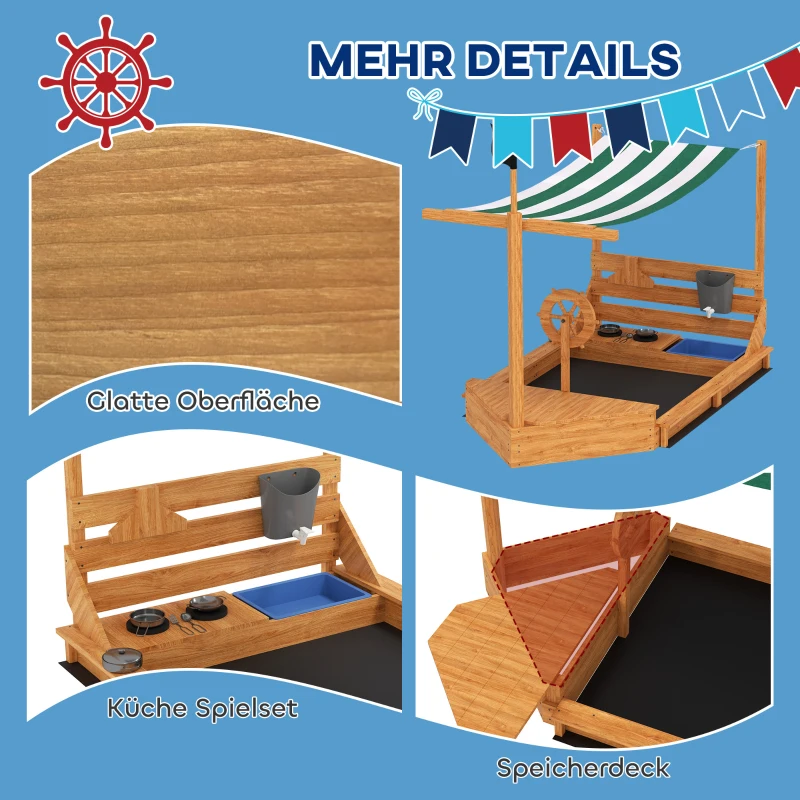 Outsunny Piaskownica z osłoną przeciwsłoneczną Piracki Statek, w zestawie zestaw kuchenny dla dzieci, Drewno Jodłowe, 180 x 103 x 144,5 cm, Pomarańczowy