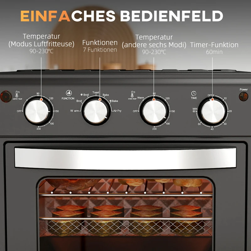 HOMCOM Minibackofen, Heißluftfritteuse, 90-230° C, 7 Programme, Zubehör, Schwarz(m-7)