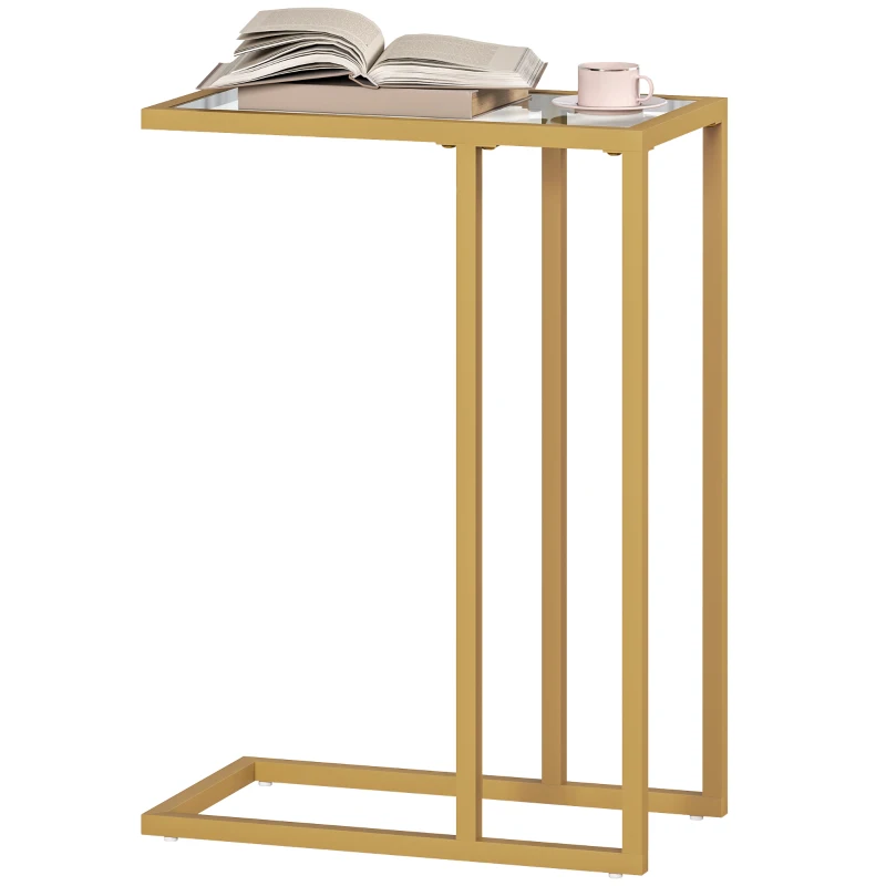 HOMCOM C-Shaped Side Table, Modern Slim End Table with Tempered Glass Tabletop, Steel Frame for Small Space, Living Room, Bedroom, Gold Tone