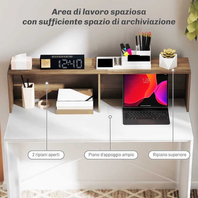 HOMCOM Scrivania PC Moderna con Piano Rialzato e 2 Ripiani, in Truciolato, 110x50x102.6 cm, Bianco, Marrone e Noce