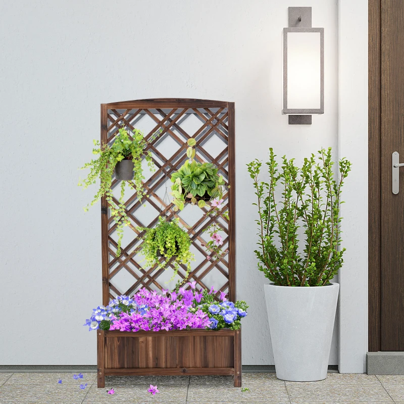 Outsunny Jardinera con Celosía de Madera para Trepadoras Cultivos Plantas en Terraza Jardín Balcón 60x30x122,5 cm Marrón