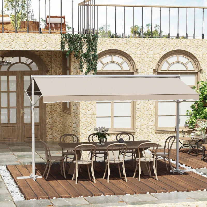 Outsunny Store Double Pente 4 x 3 m Manuel rétractable Inclinaison réglable métal époxy Blanc Polyester imperméabilisé Anti-UV Beige