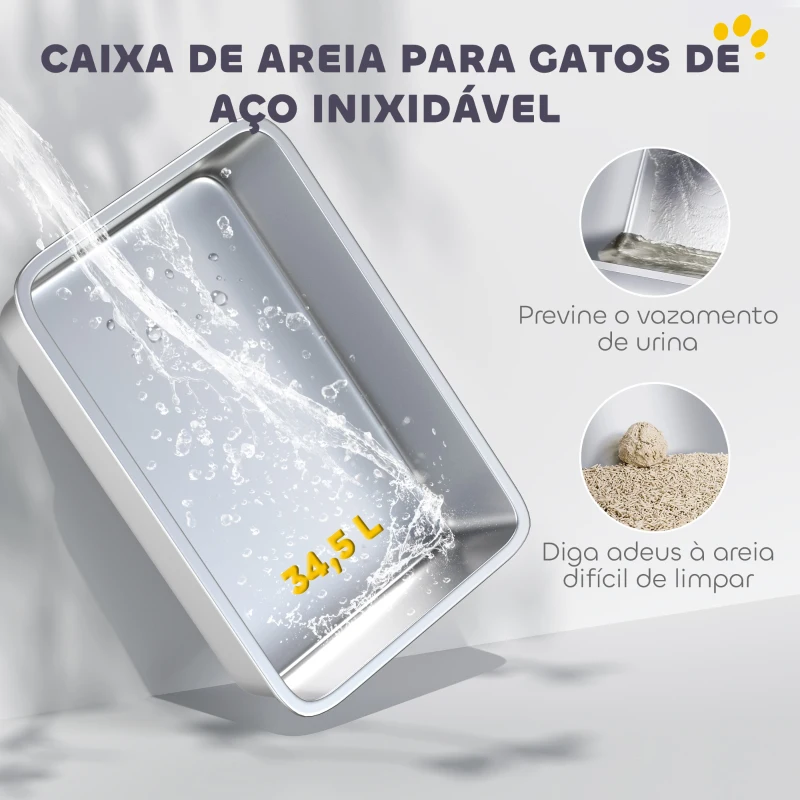 PawHut Caixa de Areia para Gatos Fechada de Aço Inoxidável com Abertura de Saída e Pá 60,2x40,5x40,5 cm Cinza Claro