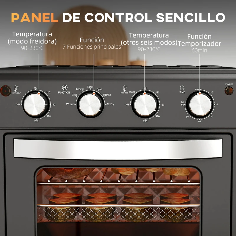 HOMCOM Horno Eléctrico de Sobremesa de 30L 1600W Freidora de Aire con 7 Modos de Calor y Temporizador 43x39x39 cm Negro