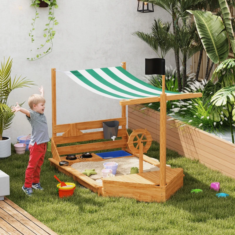 Outsunny Piaskownica z osłoną przeciwsłoneczną Piracki Statek, w zestawie zestaw kuchenny dla dzieci, Drewno Jodłowe, 180 x 103 x 144,5 cm, Pomarańczowy