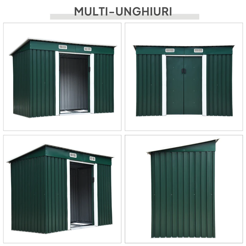 Outsunny Casuta pentru Gradina din Otel cu 2 Usi Glisante, 255x131x160-182 cm, Verde(m-7)