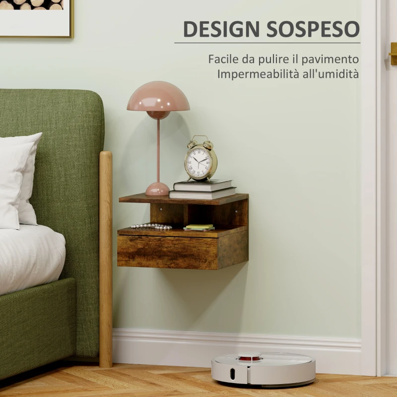 HOMCOM Set da 2 Comodini Sospesi per Camera da Letto con Cassetto e Mensola in Legno 35x32x22.5cm, Marrone