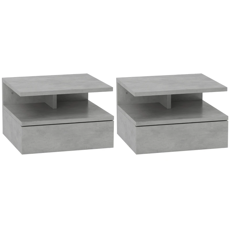 HOMCOM Set da 2 Comodini Sospesi per Camera da Letto con Cassetto e Mensola in Legno 35x32x22.5cm,Grigio
