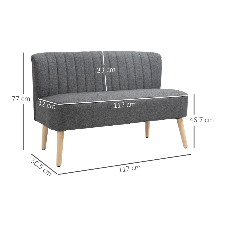 HOMCOM Divano 2 Posti Moderno in Tessuto Senza Braccioli, Divanetto da Salotto con Gambe in Legno, 117x56.5x77 cm, Grigio Chiaro