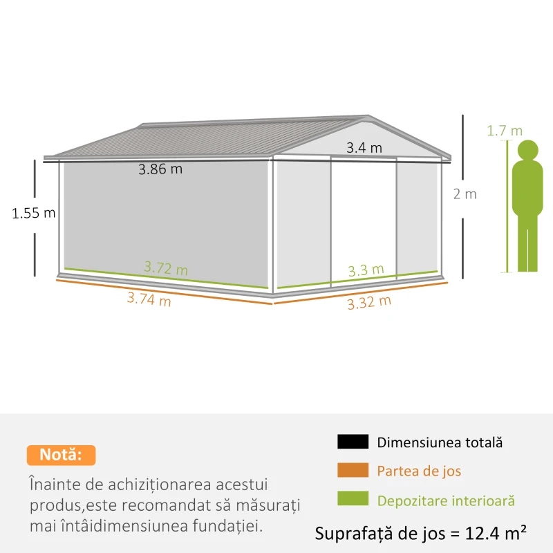 Outsunny Magazie de Gradina cu Usi Duble Glisante si Acoperis Inclinat, Sopron de Gradina din Otel si PP, 3.4x4x2m, Gri(m-3)