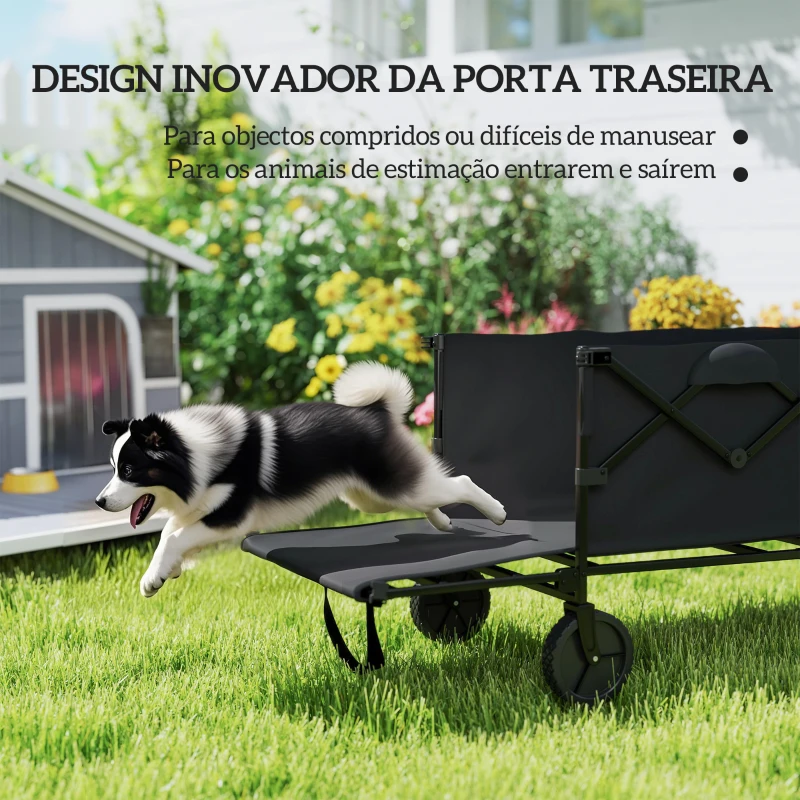 Outsunny Carrinho de Transporte Carrinho de Jardim Dobrável com Guiador Telescópico Ajustável Porta Traseira Expandível 95x55x102 cm Preto