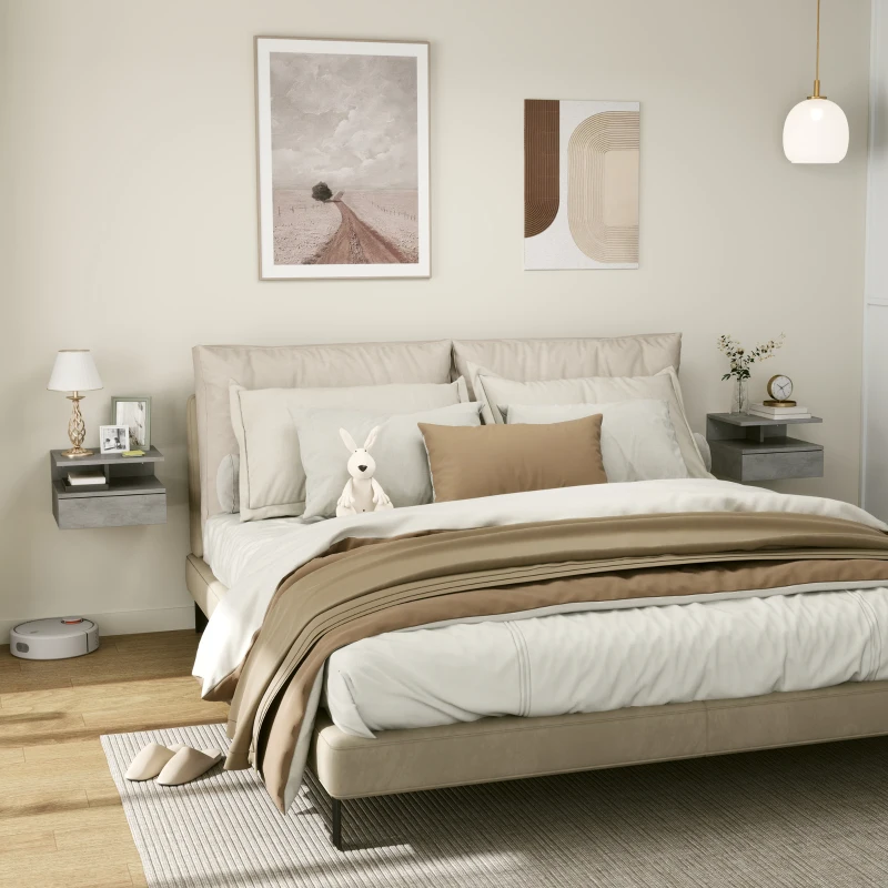 HOMCOM Set da 2 Comodini Sospesi per Camera da Letto con Cassetto e Mensola in Legno 35x32x22.5cm,Grigio