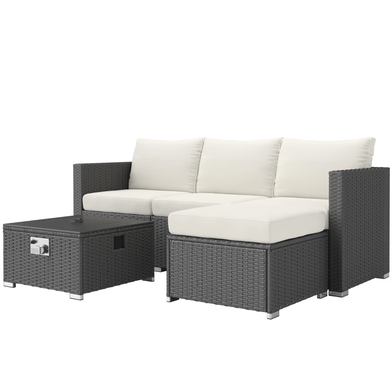 Outsunny Five Piece Rattan Garden Furniture Set with Gas Fire Pit Table and Footstool - Black and Cream White