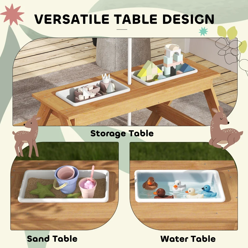 AIYAPLAY Kids Picnic Table, Sand and Water Table with Wooden Benches, Adjustable Parasol and Storage Bins, Multicolour