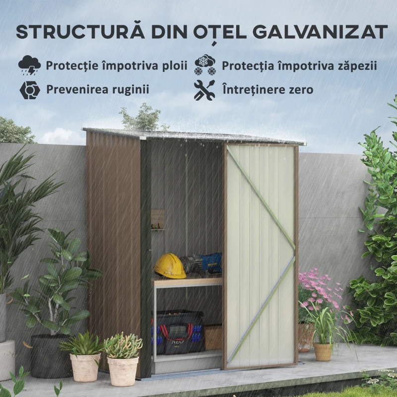 Outsunny Sopron de Gradina din Otel Suport Scule, Magazie pentru Scule cu Zavor, 161.5x94.5x196cm, Maro(m-4)