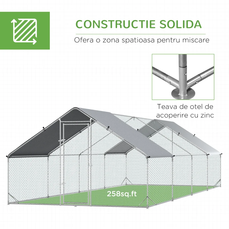 PawHut Coteț de Găini cu Cadru Zincat și Plasă Hexagonală, Țarc cu Acoperiș Impermeabil pentru Găini, Rațe și Iepuri, 3x8x2 m(m-6)