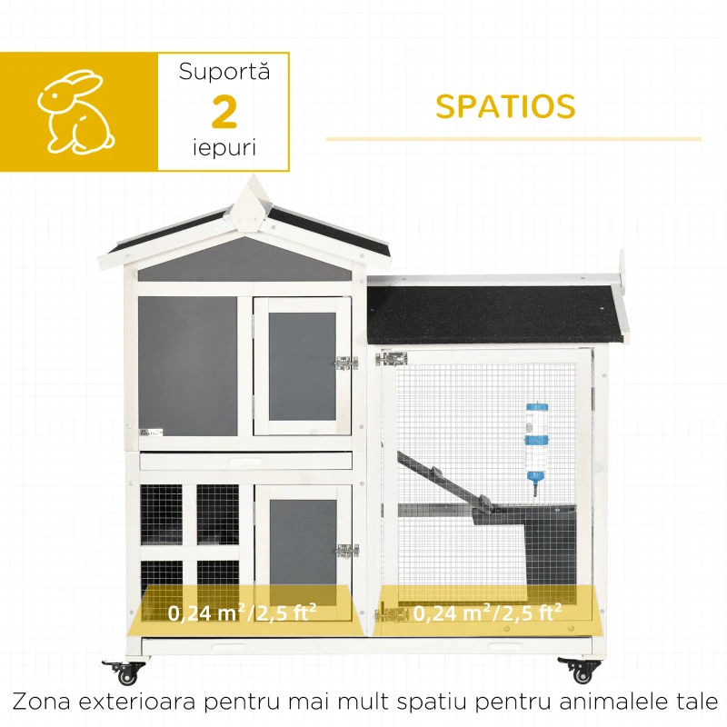 PawHut Cusca Exterior pentru Iepuri – Cu Roti, Casa si Zona de Alergat