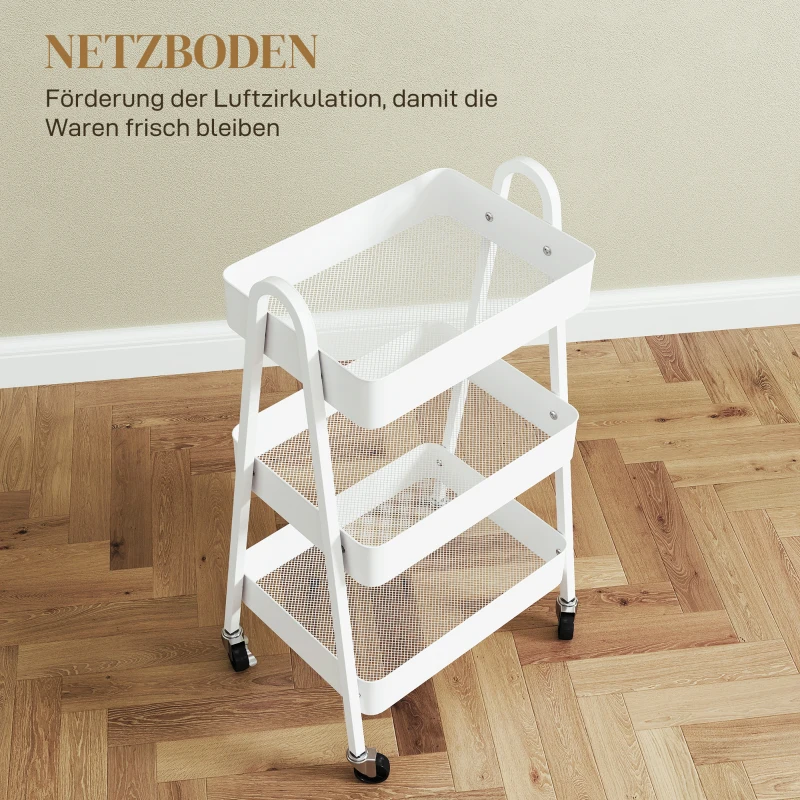 HOMCOM Wózek Serwisowy z 3 Poziomami na Kółkach z Uchwytem i Hamulcem do Kuchni, Biura, Łazienki, Biały